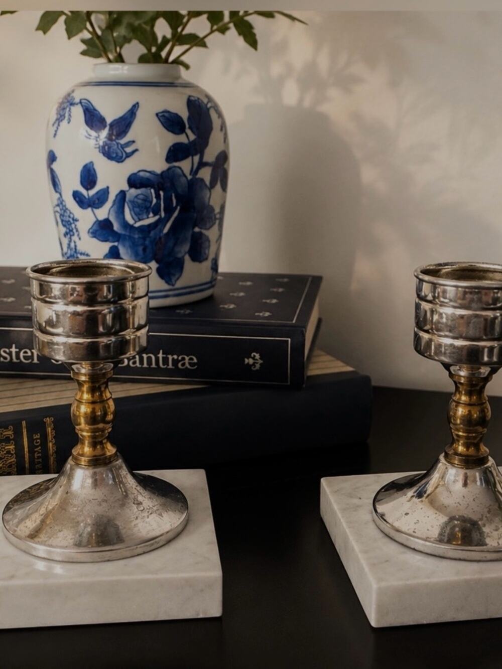 Vintage MCM Marble & Brass Metal Candlestick Holders Pair Hollywood Regency